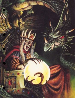 oldschoolfrp:Cyan Bloodbane whispers nightmares to elf king Lorac, Speaker of the Stars, held prisoner by a dragon orb.  (Clyde Caldwell, originally for the cover of AD&amp;D DragonLance module DL10: Dragons of Dreams, TSR, 1985; reprinted as a divider