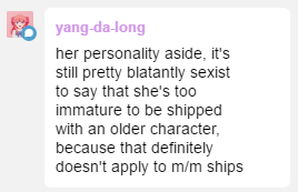 yeah agreed and it NEVER applies to m/m shipsi just suddenly remembered SNK where