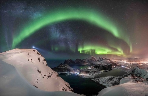 The Northern Lights From Atop Offersoykammen Mountain In Norway’s Lofoten Islands.