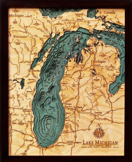 interesting-maps:A topographical map of Lake Michigan made out of wood.