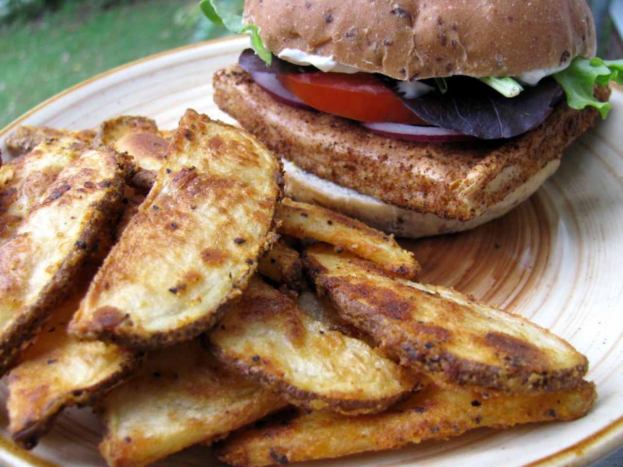im-horngry:  Tofu - As Requested!Vegan Tofu Burger with Potato Wedges!