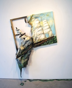  Valerie Hegarty Sinking Ship (2012)  Inspired by the current political climate and Edgar Allen Poe’s short story “The Malestrom”, half a clipper ship painting seems to have hit a storm and is falling off the edge of the painting frame (or the