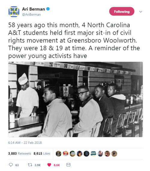 “58 years ago this month, 4 North Carolina A&amp;T students held first major sit-in of civil rights 