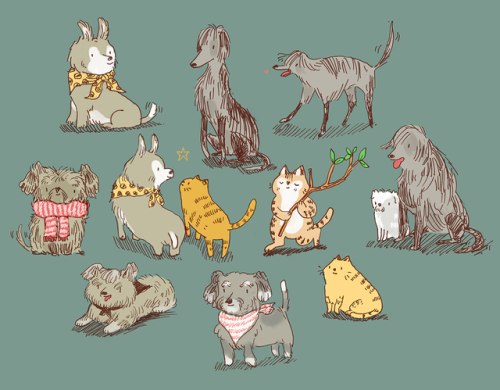 A few recent doodles of some fluffy dogs and their cat friends