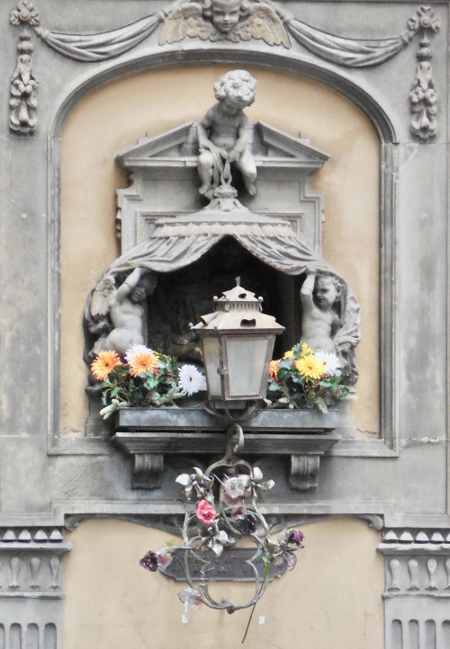 Lampione con putti e fiori, Firenze, Toscana, 2019.  I think there is a votive image behind the lamp