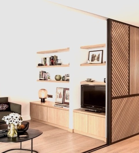 Family Room Library ParisFamily Room Library - Mid-sized Contemporary Open Concept Medium Tone Wood Floor