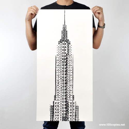 apisonadora60:   100copies New Design #21 - The Cyclist’s Empire   A celebration of New York’s rise as a cycling city. 7 different types of bicycle tyre tracks were used to create the Empire State Building, to reflect New York’s ever-growing tribe
