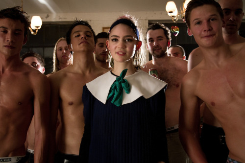 jewist:Grimes poses with a bunch of guys for the Oblivion video shoot. Photo by Neal Rockwell.