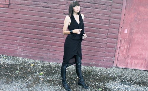 Fashion blogger Ania B. in helmut lang dress, club monaco leather leggings, h&amp;m cuffs a