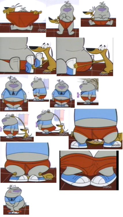 The little dog in 2 Stupid Dogs wants to encourage the big one to go to the bathroom so he has the big dog dress in a sailor outfit with red briefs. However at some point little dog decides the briefs should come off… (from “Bathroom Humor&rd