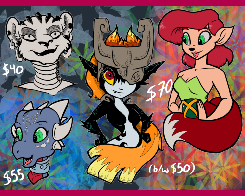 Two character busts, Sekhmet and Cynder, and two waist up drawings, Midna and Elora.