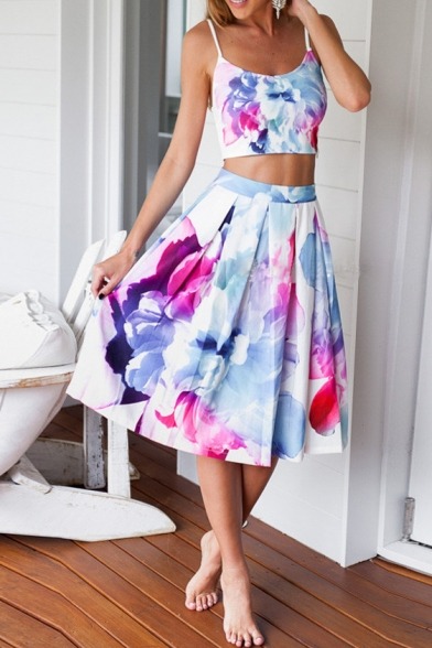 lovelyandfashionblog:  Summer wear  Scoop Neck Long Sleeve Cross Front Flare Romper  Leaf Print Off the Shoulder Gathered Waist Loose Rompers   Navy Floral Print Crop Top with Hot Pants   White Sleeveless Floral Print Top with Pleated Skirt   Floral Print