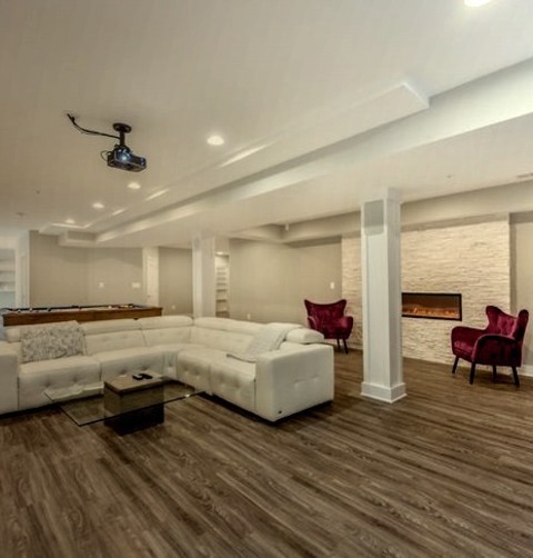 Home Bar Family Room Inspiration For Remodeling A Sizable Transitional Family Room With A Bar, Gray Walls,