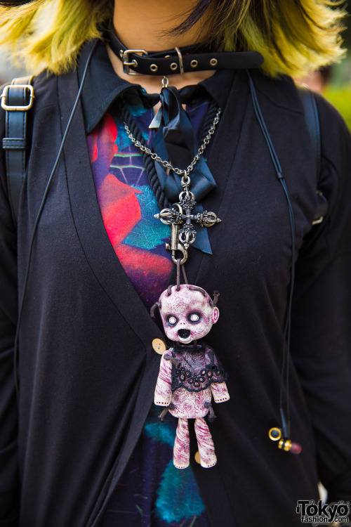 19-year-old Anko on the street in Harajuku wearing a dark look with items by Sexpot Revenge, Killsta