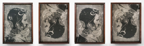Cosmonaut 1, 2, 3 and 4. Acrylic transfer, paper on wood panel. 5" x 7" for SPλCE at the R