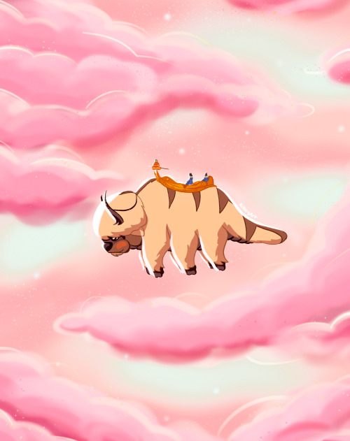 transtenzin:kitsey: appa in cotton candy clouds✨ [ID: a colored digital drawing of Appa, Aang, Katar