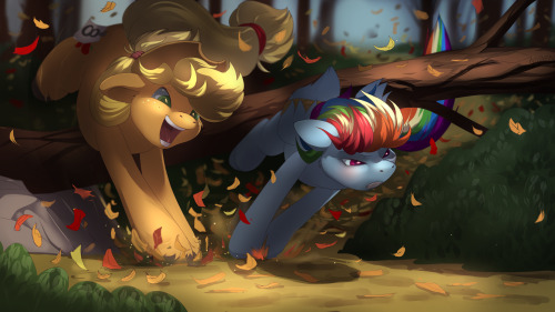 sexdragonsrockandroll:  Ah.. fall.. my favorite time of year..Fall Weather Friends is the first time the friendship dynamic between Rainbow Dash, a rambunctious pegasus, and the country bumpkin of a pony Apple Jack, gets some spotlight.I decided the first