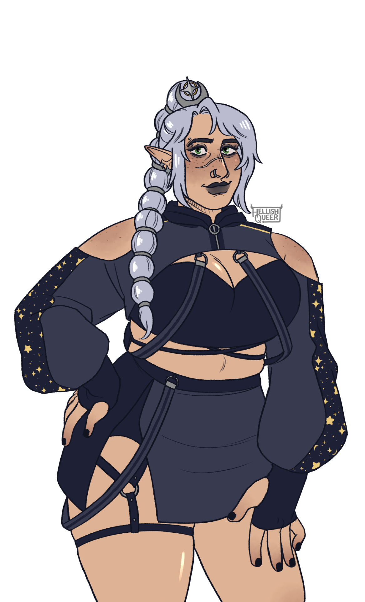 Shadowheart with a hand on her hip and another placed lightly on her thigh. She has white hair, black lipstick and eyeshadow, and a piercings. She is wearing a cropped hoodie that hangs off her shoulders, a crop top, and a short split skirt with a leather thigh garter.
