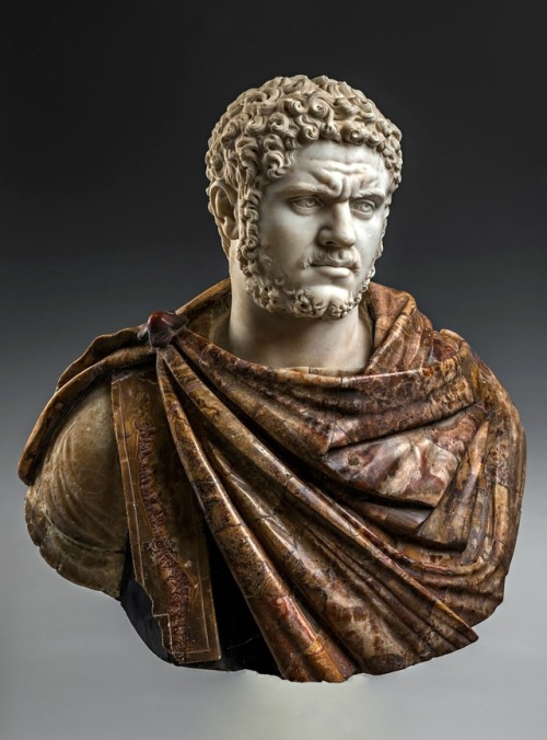 hadrian6:Bust of Emperor Caracalla. 186 – 217 AD. Roman.  White marble head, alabaster torso.     ht