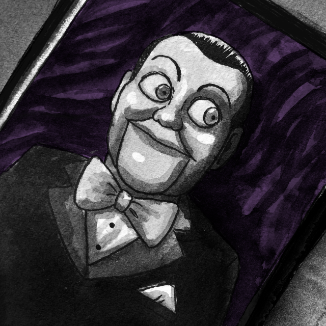 An ink drawing of a scene from Dead Silence. It features a ventriloquist dummy lying in a satin lined box.