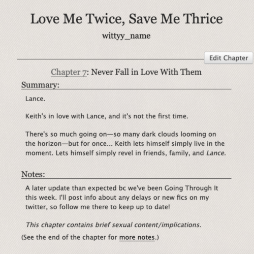 Love Me Twice, Save Me Thrice - Chapter Seven on Ao3✨Klance ✨Fey Lance / Half-Fey Keith ✨Modern Faer