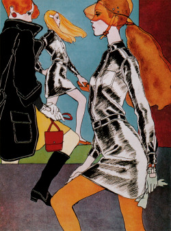 sweetjanespopboutique:  Emmanuelle Khanh: Ready-to-wear womenswear,iIllustrated by Antonio Lopez for French Elle 1967. Image scanned by Sweet Jane. 