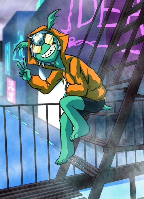 A green character (Kibitzer) with bat wing shaped ears and white hair, sitting on a metal staircase and doing a peace sign.  They're wearing an orange hoodie and diamond-shaped reflective glasses.