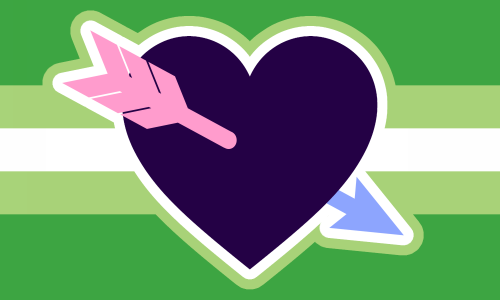 An omni version of the Cupid's aro pride flag. The heart and arrow in the center are light pink, dark purple, and light blue.