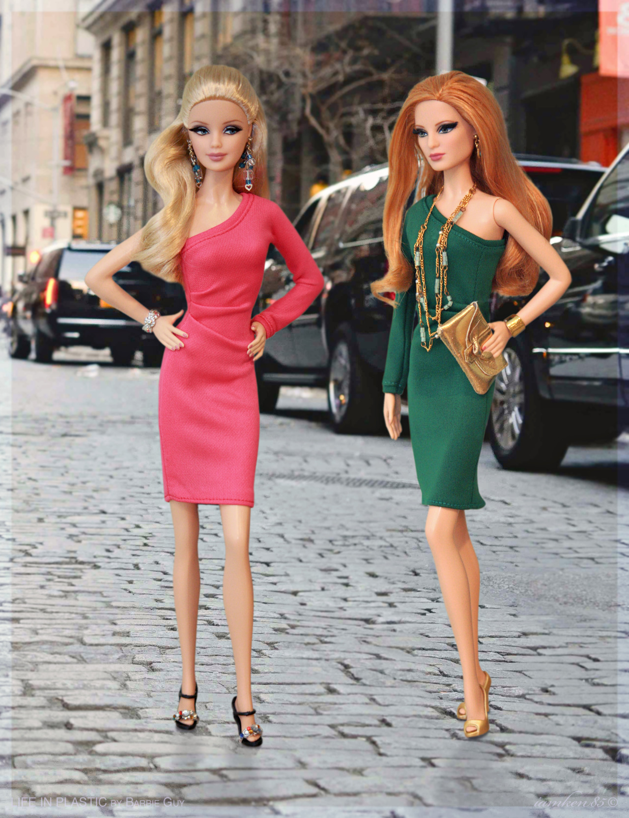 Asymmetrical. In this photo: Red Carpet™ Barbie® - Blue Gown and Red Carpet™ Barbie® - Yellow Gown are both wearing asymmetrical dresses by Marcelo Jacob.