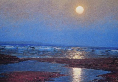Hawaiian Coastal Scenic with Moonlight Reflections  - Lionel Walden, 1917American, 1867–1925Oil on c