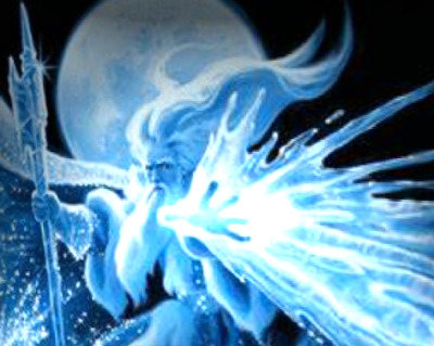 a mystical powerful bearded wizard shooting some sort of magical ice blast directly toward the viewer