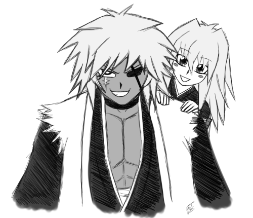 jautsiart:My kid asked me to draw Bakura and Ryou as Kenpachi and Yachiru for her, so I did.