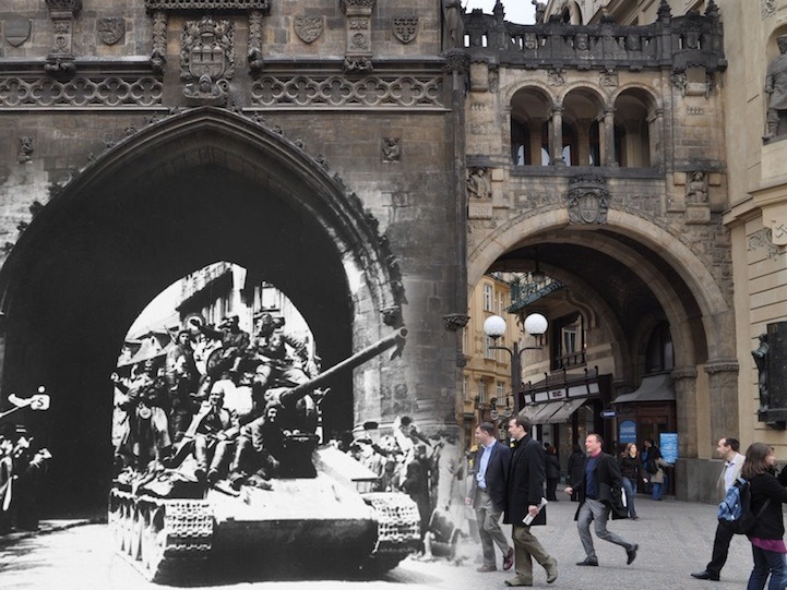 this-fagon:   asylum-art:  Glimpses of world war II seen through photos of modern