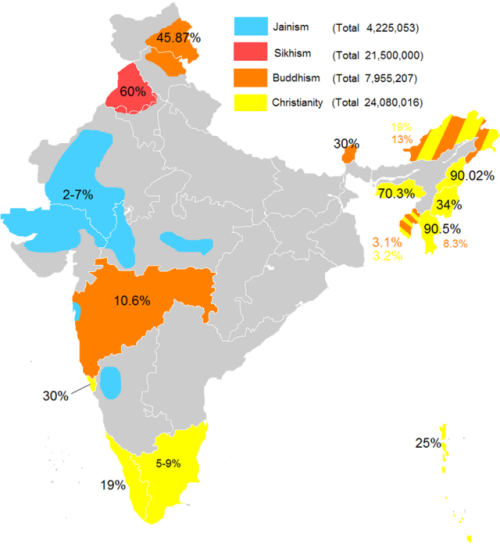 Where in India are the minority religions? Note this map does not include Islam, which at about 15% 