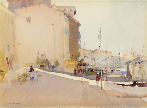 Sir William Russell Flint - Early morning preparations for a fête, St Tropez