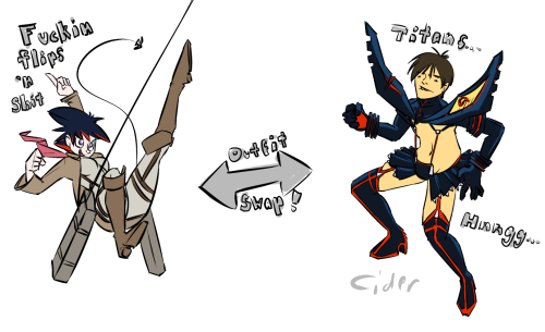 cider-plz:  I don’t know what possessed me to do this outside of the fact that Kill la Kill and Attack on Titan are the only two animes I’ve watched in years.  Not unless you include DBZA.