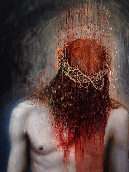 Agostino Arrivabene Sacred blood . ( detail ) può on ancient wood . 2016 www.agostinoarrivabene.it