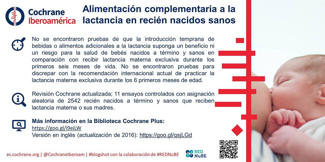 Alimentación complementaria a la lactancia en recién nacidos sanos
Blogshot creado por REDNuBE para Cochrane Iberoamérica a partir de la revisión Cochrane:
Becker G, Remmington S, Remmington T. Alimentos y líquidos adicionales tempranos para...
