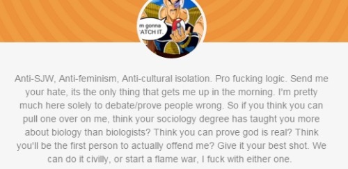 Anti-SJW, Anti-feminism, Anti-cultural isolation. Pro fucking logic. Send me your hate, its the only