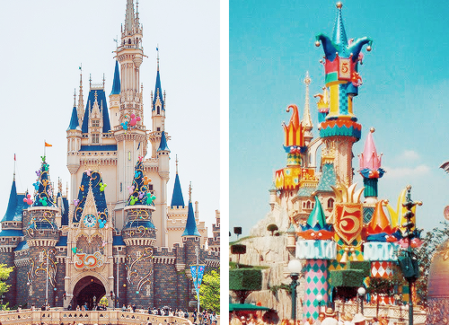 mickeyandcompany:  Disney castles and their special decorations for anniversaries