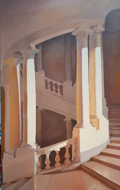 Scala Borromini, Palazzo Barberini, Roma  -   Oscar Tusquets , 2019.Catalan,b.1941-Oil on canvas, 11
