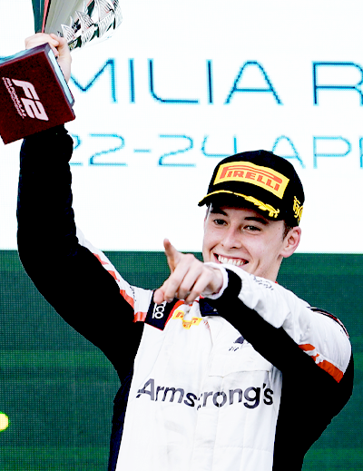 Marcus Armstrong of Hitech GP celebrates on the podium after winning the Sprint Race at Imola - Roun