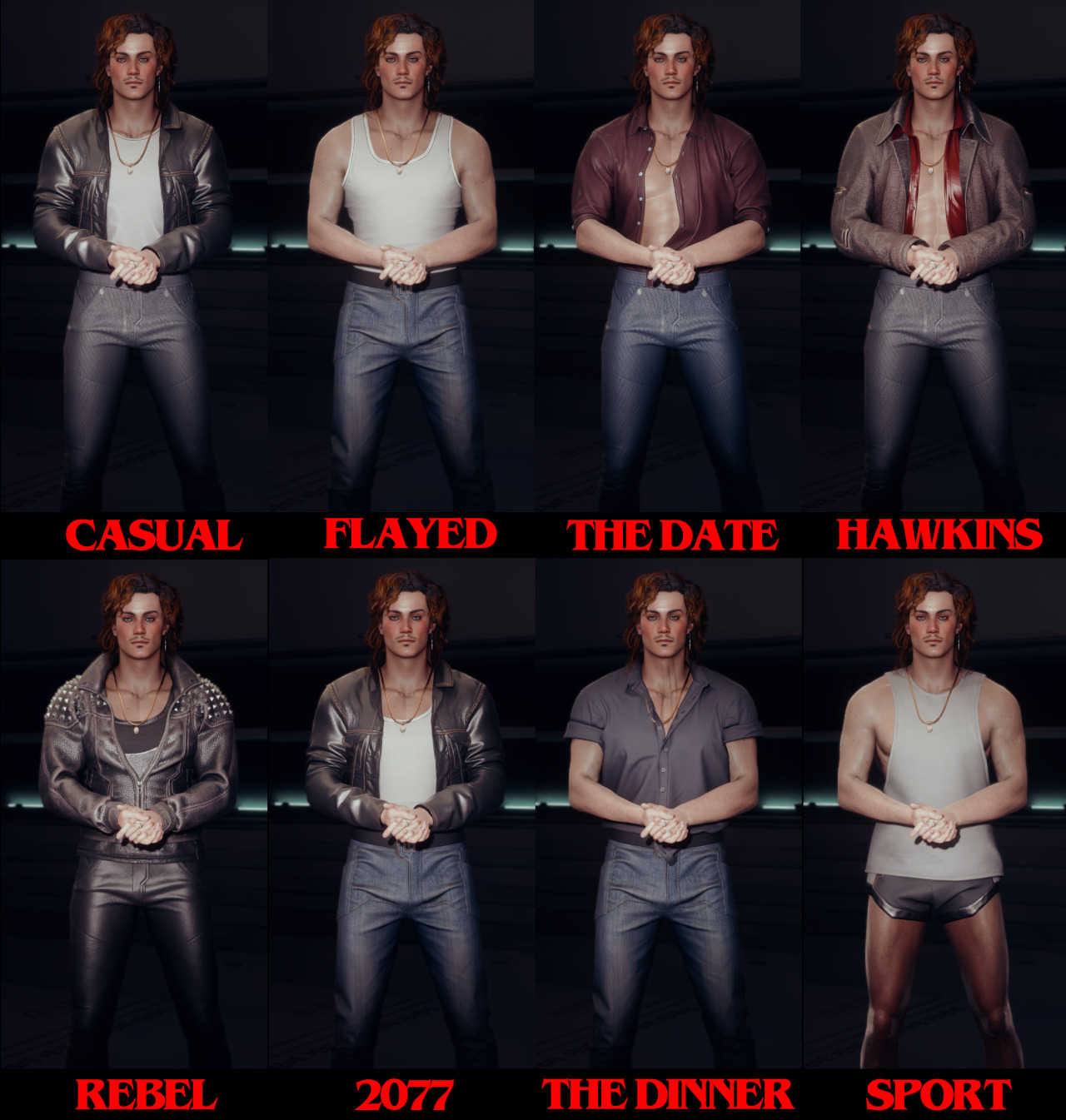 Yeah I was bored so... I tried to put in CP77 most of Billys outfit. 
Thanks to @wingdeer @rosslincyberpunk77 for the help ♥ 

2077 & Rebel one are 100% related to the game himself. Can’t having the good color shirt for the dinner one oops...  #stranger things#Cyberpunk 2077#Billy Hargrove#outfit#OC: Billy#CP77