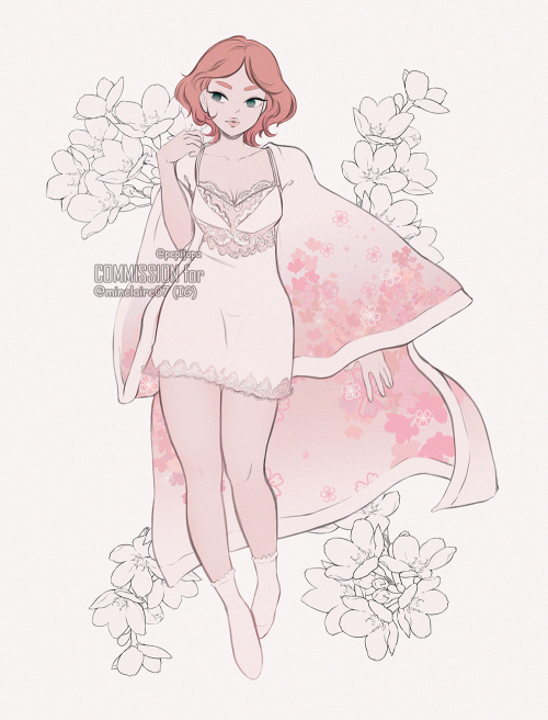prints / twitter / kofi / comms [ID: Illustration of a woman with a white pale skin tone and short p