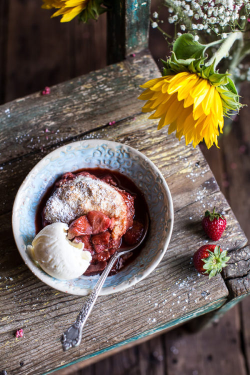 sweetoothgirl:  Skillet Strawberry Cobbler with Cream Cheese Swirled Biscuits