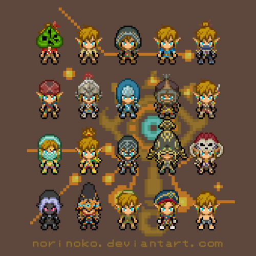 Here’s some pixel art Link from Breath of The Wild, wearing his many outfits! I also made it i