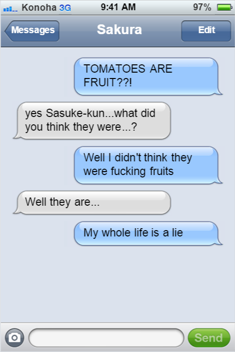 textingninjasofkonoha:  Sasuke threatened to kill the lady at the farmers market