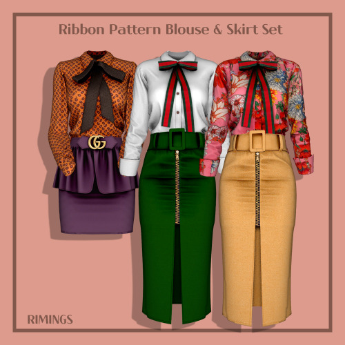[RIMINGS] Ribbon Pattern Blouse &amp; Skirt Set - TOP 2 / BOTTOM 2- NEW MESH- ALL LODS- NORMAL MAP /