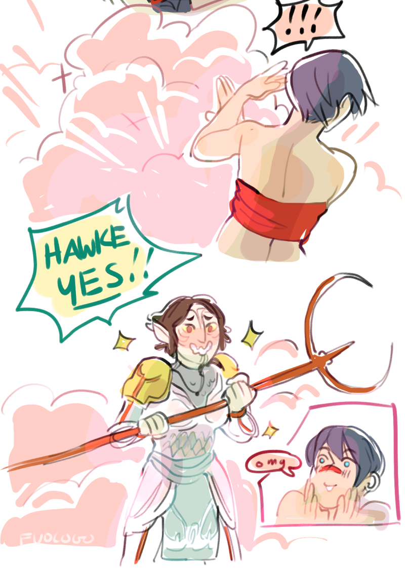 fuocogo:  Fenris and Isabella rip off a piece of Hawke’s bedsheet once romanced