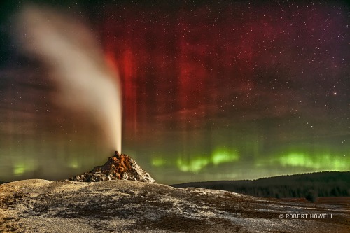 fyeahastropics:  Aurora Over White Dome Geyser(via APOD;    Image Credit & Copyright:   Robert Howell )  Sometimes both heaven and Earth erupt.  Colorful aurorae erupted unexpectedly a few years ago, with  green aurora appearing near the horizon and